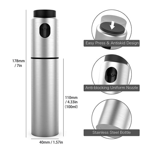 
A detailed product infographic of a stainless steel oil spray bottle showing its dimensions (178mm / 7in total height, 110mm / 4.33in body height, 40mm / 1.57in diameter) and key features: an Easy Press & Antiskid Design cap, an Anti-blocking Uniform Nozzle, and the Stainless Steel Bottle construction.