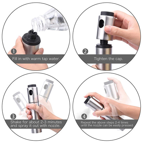 A four-step instructional diagram for cleaning a stainless steel oil spray bottle shows the following process: First, a hand fills the sprayer with warm tap water. Second, the hand tightens the spray cap. Third, the hand shakes the bottle for 2-3 minutes and sprays the water out. Finally, the user is instructed to repeat the process 2-4 times until the nozzle is easily pressed.