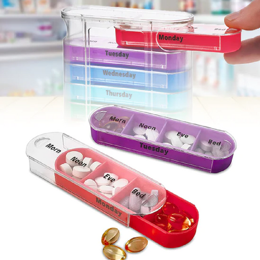 Stacked weekly pill organizer with colorful daily trays (Monday-Sunday) and four time-of-day compartments ('Morn,' 'Noon,' 'Eve,' 'Bed') filled with pills.