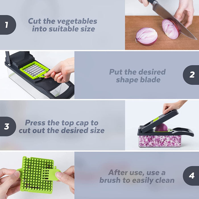 A four-step instructional guide for a vegetable chopper. Step 1 shows slicing a red onion. Step 2 shows placing a dicing blade. Step 3 shows pressing the lid to chop the onion into the container. Step 4 shows using the cleaning fork to clean the blade.