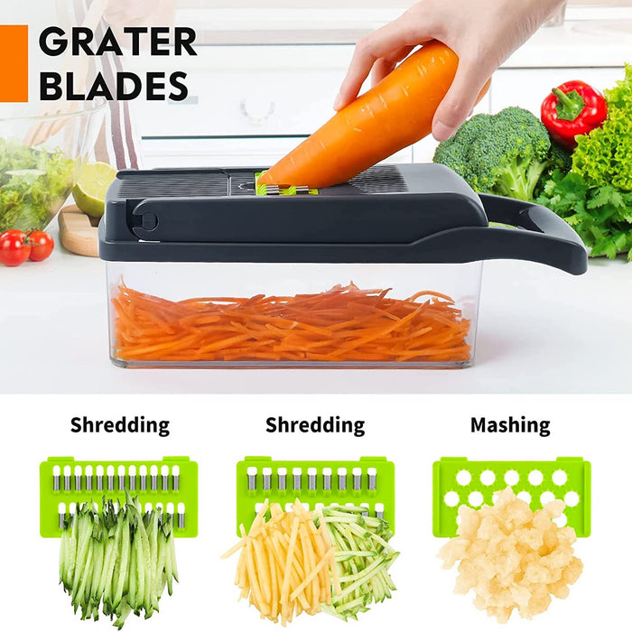A composite image of a vegetable slicer and grater. The top shows a hand pushing a carrot through the cutter. The bottom displays three interchangeable lime green blade inserts for different cuts: thin Shredding, fine Shredding, and Mashing.