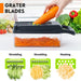 A composite image of a vegetable slicer and grater. The top shows a hand pushing a carrot through the cutter. The bottom displays three interchangeable lime green blade inserts for different cuts: thin Shredding, fine Shredding, and Mashing.