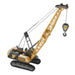 A toy construction crane made primarily of yellow plastic with black and gray accents, featuring a moveable arm and hook.