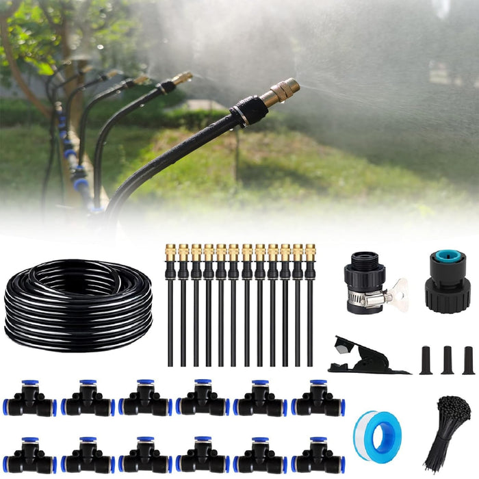 An automatic garden irrigation system kit displayed with various components including tubing, nozzles, tees, faucet connectors, a pipe cutter, and cable ties, with an image of the system in use spraying water on a garden.