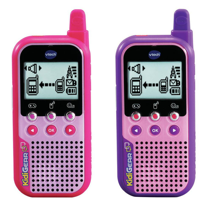 Two Vtech Kidigear Walkie Talkies, one in pink and one in purple, designed for children, with a digital display and buttons on the front.