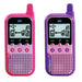 Two Vtech Kidigear Walkie Talkies, one in pink and one in purple, designed for children, with a digital display and buttons on the front.