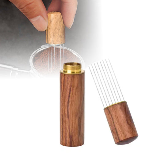 A polished wooden handle espresso distribution tool with 8 metal needles, shown disassembled with the needles flying out of the top, and a close-up of the tool being used to distribute coffee grounds.