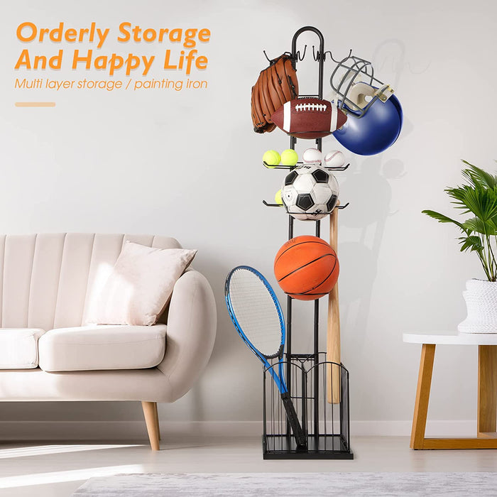 Ball Rack Storage Recreation 4 Tier Sports Equipment Ball Storage Rack With Basket — Off The Back