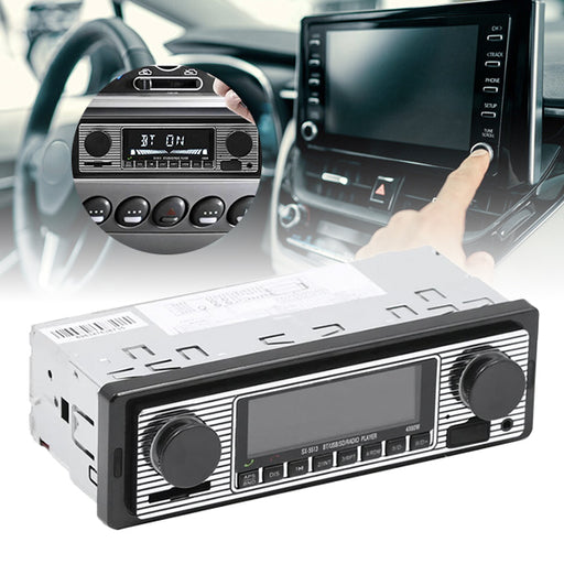 A Bluetooth car stereo player with a modern brushed metal design, featuring dual knobs and a digital display. Includes an image of the device in a car setting, showing connectivity to a smartphone, and a remote control.