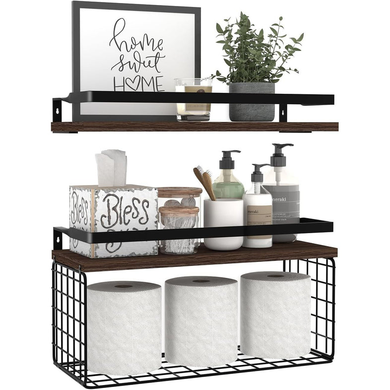 Floating Bathroom Shelves Wall Mounted with Wire Basket — Off The Back NZ