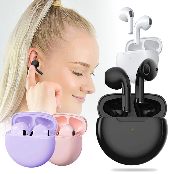 An image showcasing ProBeats X3 True Wireless Earbuds in various colors (black, white, purple, pink) with a woman demonstrating the use of the earbuds. The earbuds are displayed alongside their charging case.