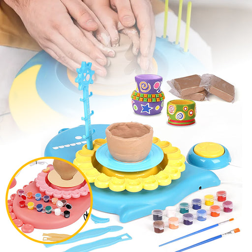 A kids' pottery wheel kit with various colorful components including clay, paint, and carving tools set on a table. The image also includes a close-up of the pottery wheel with a child's hand shaping a clay pot.