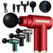 A set of massage guns in various colors including red, black, and green, with multiple massage heads and a digital display showing speed settings. A USB cable and instruction manual are also included.