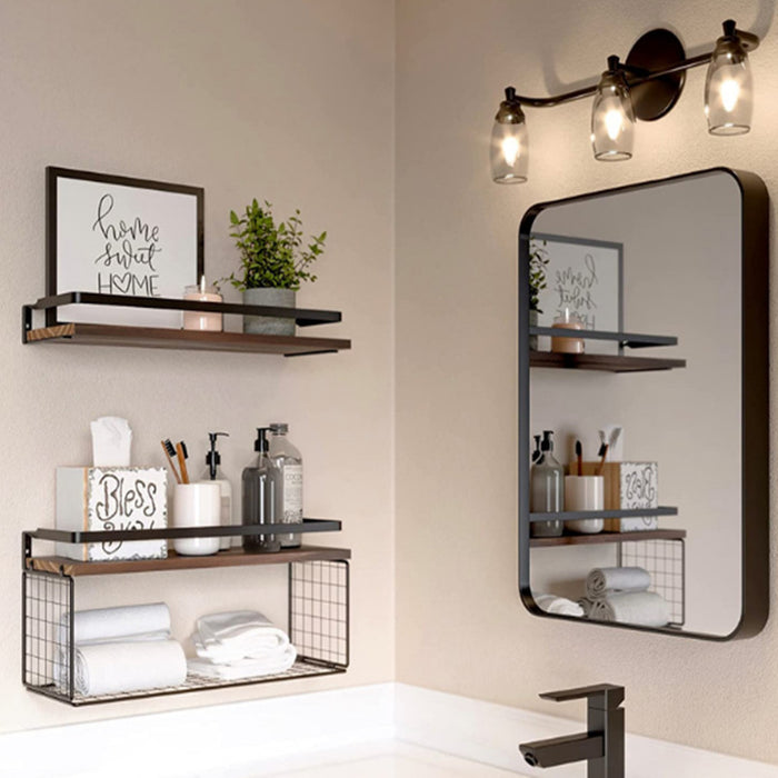 Floating Bathroom Shelves with Wire Basket — Off The Back