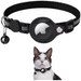 A black reflective Airtag holder collar for cats with an AirTag attached and a detachable buckle. There is also an image of a cat wearing the collar.