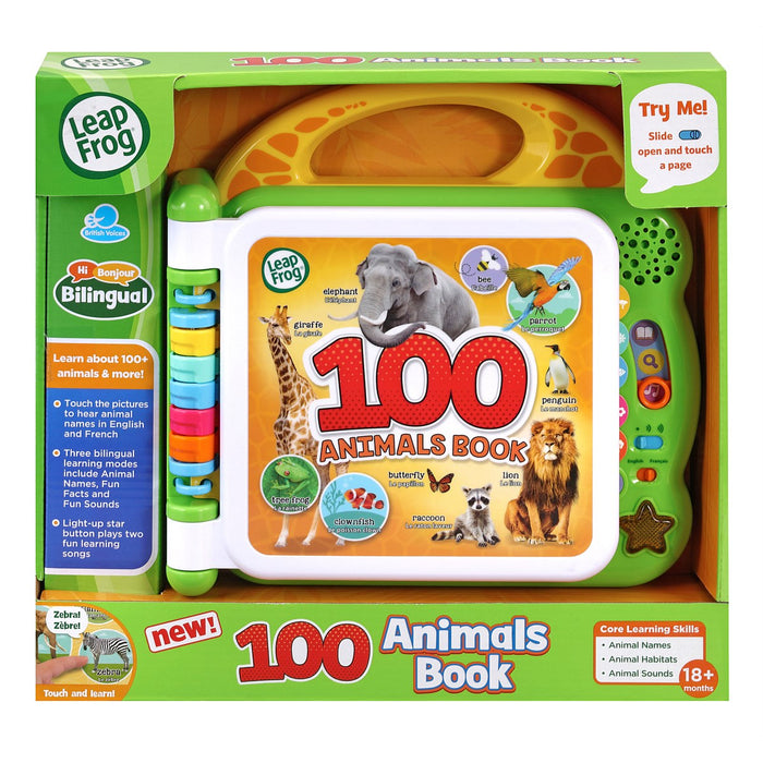 Leapfrog 100 Animals Book packaging showing a colorful book with animal illustrations and a green and orange background.