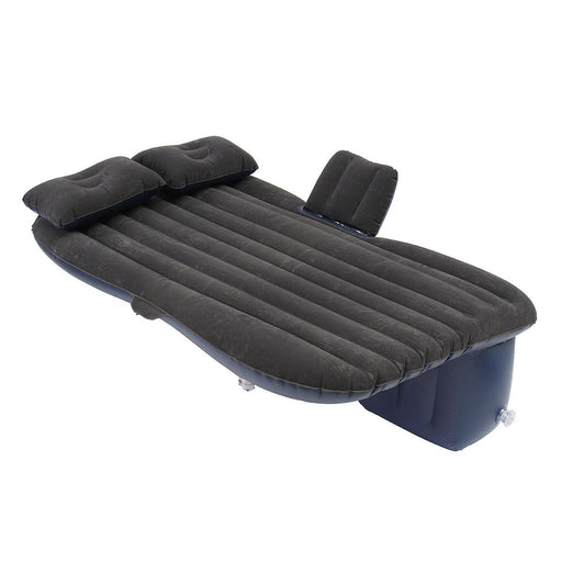 Inflatable car mattress and pillow in black, with a pump and repair kit included, displayed on a white background.