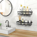 A set of black bathroom shelves with baskets mounted on a white wall above a bathroom sink and vanity. The shelves contain various bathroom items such as bottles and a plant.
