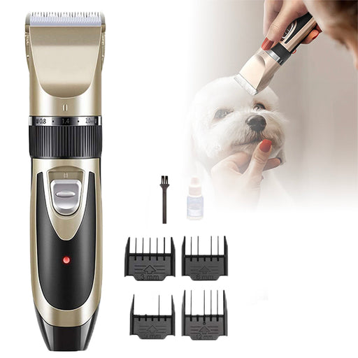 A grooming kit for pets including a cordless electric hair trimmer and accessories such as comb attachments, oil, and a cleaning brush, with an image of a dog being groomed with the kit.