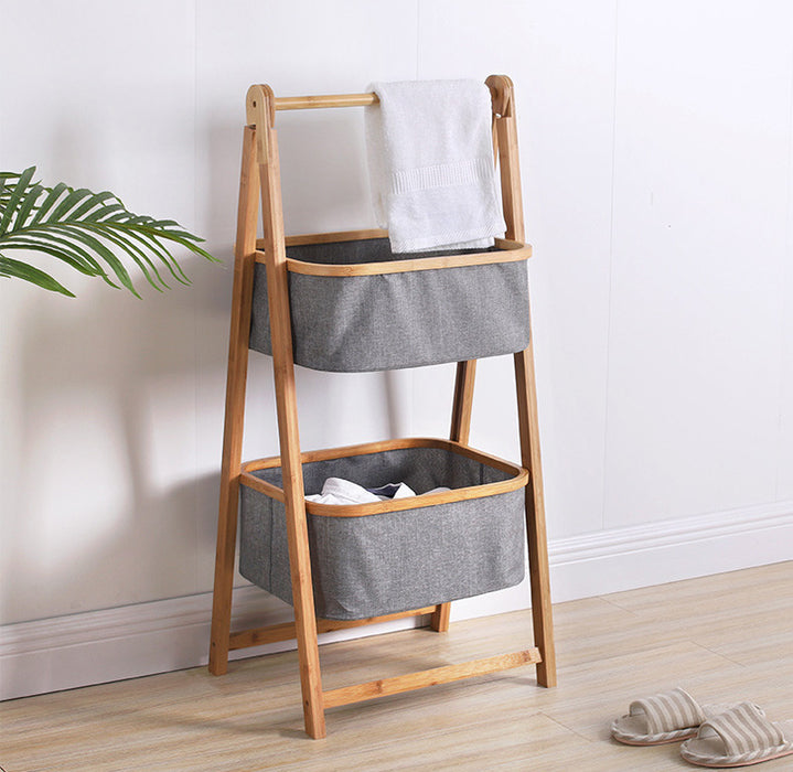 Natural Bamboo 2 Tier Laundry Basket Rack