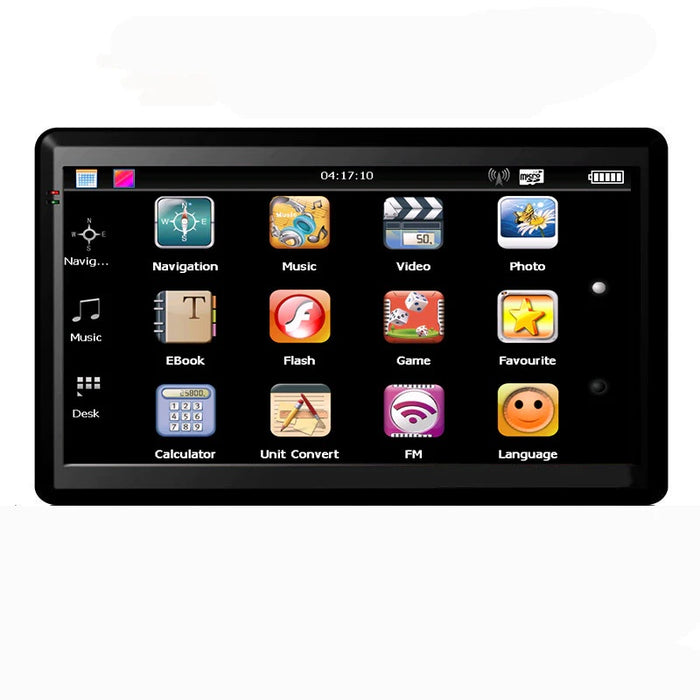 A black portable electronic device with a touchscreen displaying a main menu of 12 app icons. The icons, arranged in a 4x3 grid, include: Navigation, Music, Video, Photo, EBook, Flash, Game, Favourite, Calculator, Unit Convert, FM, and Language.