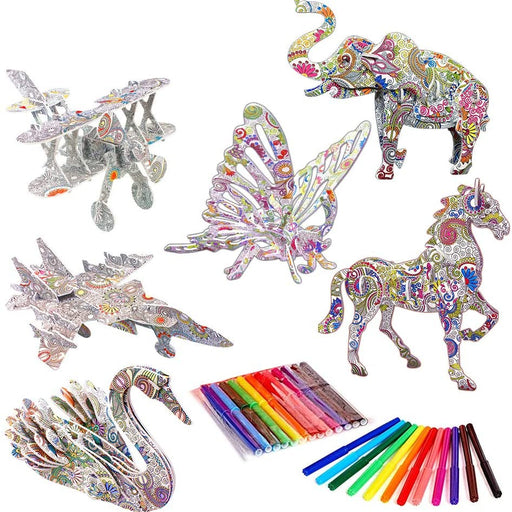 A collection of 3D coloring puzzles including animal figures such as a horse, lion, elephant, swan, and spider, along with a set of multicolored pen markers.