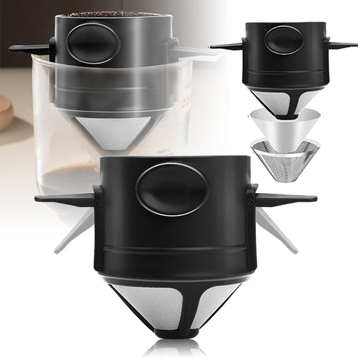 A series of images showing a black reusable stainless steel pour over coffee filter in various states of assembly. The images display the filter's different components and show the filter in use with a cup of coffee.