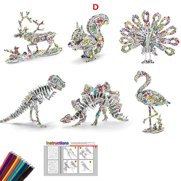 3D Coloring Puzzle Set 6 Pack with 24 Pen Markers Type D