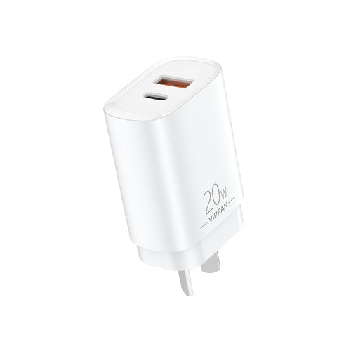 A white Urban Spec 20W Super Fast Type A/C Wall Adapter with dual output ports, one USB-C and one USB-A.