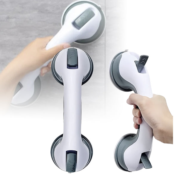 Two white and gray bathroom grab bars with suction cups, being held and installed on a surface.