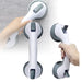Two white and gray bathroom grab bars with suction cups, being held and installed on a surface.