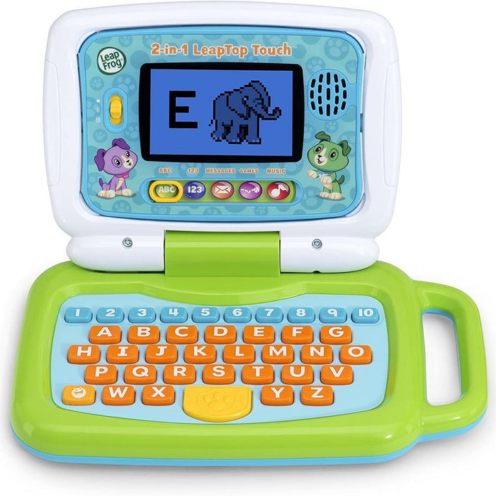 A green and white Leapfrog 2 in 1 Leaptop Touch Laptop with a cartoon elephant on the screen and a keyboard mode with letters A-Z and numbers 1–10 visible.