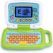 A green and white Leapfrog 2 in 1 Leaptop Touch Laptop with a cartoon elephant on the screen and a keyboard mode with letters A-Z and numbers 1–10 visible.