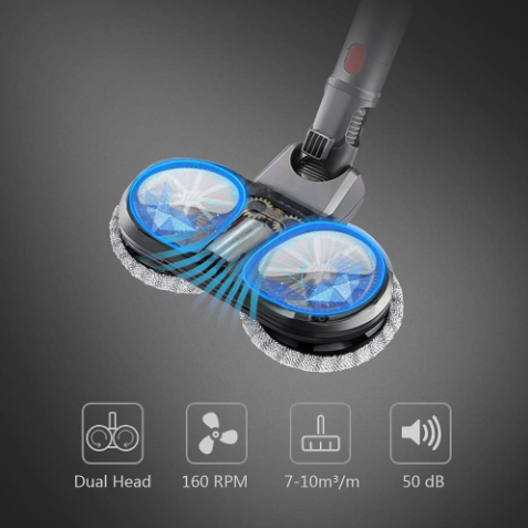 A product image of a gray motorized mop head attachment on an stick vacuum pole, cleaning the floor under a sofa, emphasizing its Low Profile design.