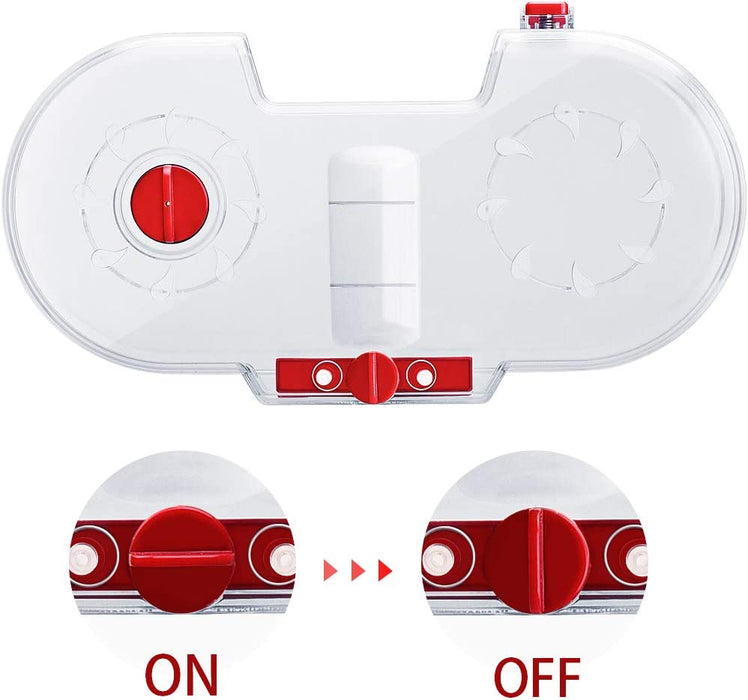 
A close-up product image of the clear water tank for a motorized mop head attachment. The tank has red filling ports/valves and a central white chamber. Two insets at the bottom demonstrate the function of one of the valves, showing a red twist knob labeled "ON" (open position) and "OFF" (closed position).