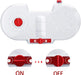 
A close-up product image of the clear water tank for a motorized mop head attachment. The tank has red filling ports/valves and a central white chamber. Two insets at the bottom demonstrate the function of one of the valves, showing a red twist knob labeled "ON" (open position) and "OFF" (closed position).