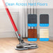 A product image of a gray motorized mop head attachment attached to a red stick vacuum pole, cleaning a wooden floor. Text states it can "Clean Across Hard Floors," with insets showing it is suitable for Tile, Marble, Vinyl, and Wooden floors.