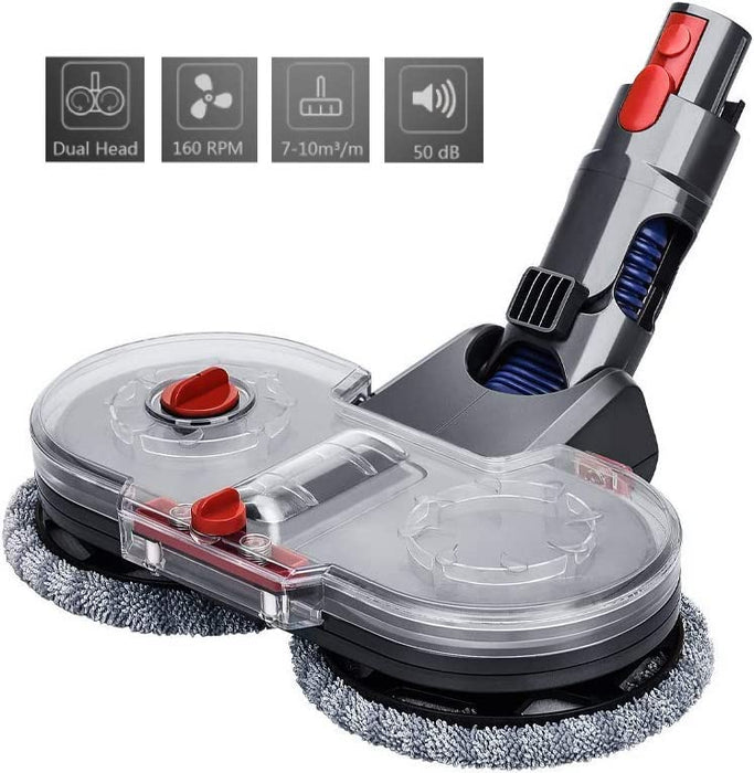 A product image of a gray and clear motorized mop head attachment for a stick vacuum. The unit features two spinning mop pads and a clear water tank with red accents. Icons display its features: Dual Head, 160 RPM 7-10m2/m, and 50 dB.