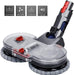 A product image of a gray and clear motorized mop head attachment for a stick vacuum. The unit features two spinning mop pads and a clear water tank with red accents. Icons display its features: Dual Head, 160 RPM 7-10m2/m, and 50 dB.