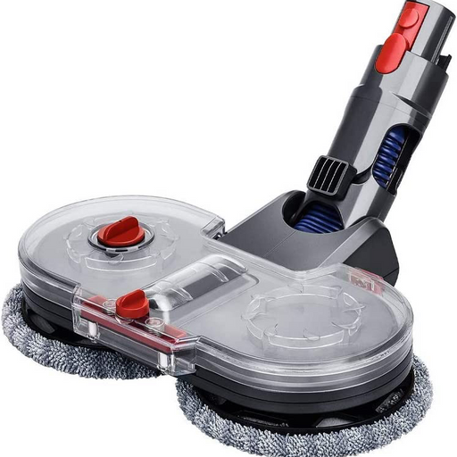 Electric double mop attachment with a transparent reservoir and red and gray control buttons, compatible with Dyson vacuum cleaners.