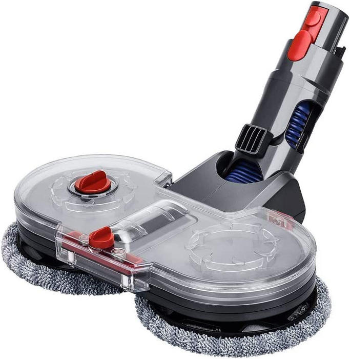Electric double mop attachment with a transparent reservoir and red and gray control buttons, compatible with Dyson vacuum cleaners.