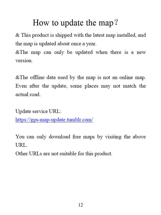 Manual page on 'How to update the map?', providing an update URL and details on yearly offline map updates.