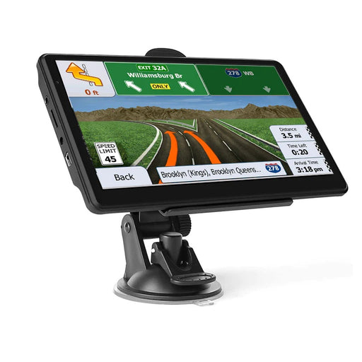 A 7-inch car GPS navigation unit with a touch screen displaying a map, mounted on a black stand with a car charger below.