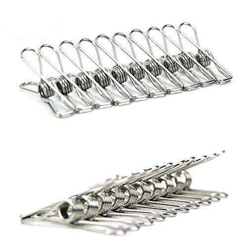 A close-up, two-part image showing a row of several stainless steel mini pegs (or stainless mini pegs), which are spring-loaded clothespins (or laundry pegs). The top view shows the clips lined up, and the bottom view highlights the coiled metal spring mechanism.