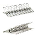 A close-up, two-part image showing a row of several stainless steel mini pegs (or stainless mini pegs), which are spring-loaded clothespins (or laundry pegs). The top view shows the clips lined up, and the bottom view highlights the coiled metal spring mechanism.