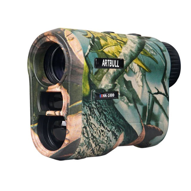 A camouflage-patterned hunting rangefinder with lens coatings and branding visible.