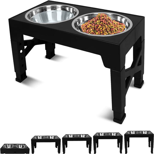 An elevated dog feeder table with two dog bowls filled with food. The table is black, made of ABS plastic, and has a foldable design.