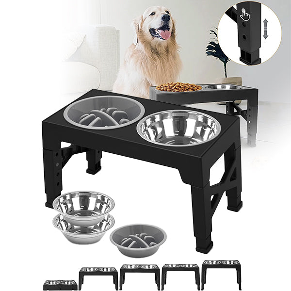 Adjustable dog bowl feeder stand with stainless steel bowls in black color, shown in different heights and folded configurations.