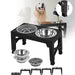 Adjustable dog bowl feeder stand with stainless steel bowls in black color, shown in different heights and folded configurations.