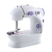 A mini portable sewing machine with white color and purple accents, featuring a simple design with speed control knobs and a pedal.